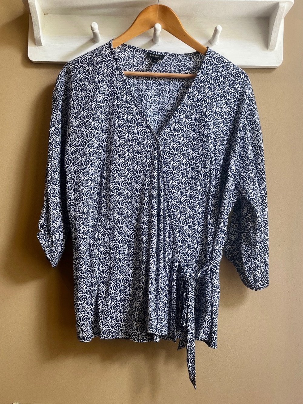 Talbots Nautilus Print Blue White Wrap Blouse 3/4 Sleeve Side Tie Size M